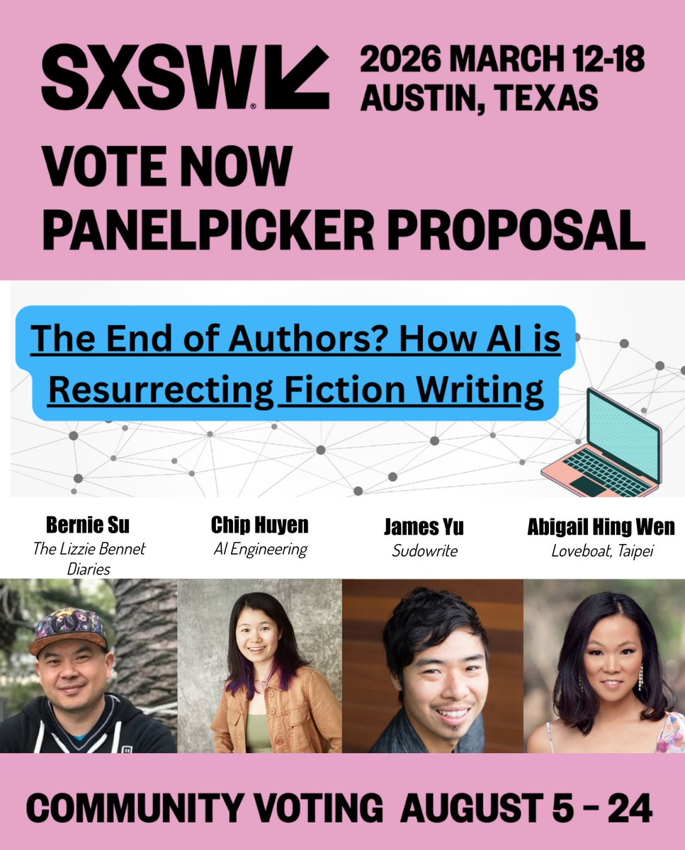jamesjyu's tweet image. Vote for my SXSW panel! will be a good conversation with @BernieSu at the helm about the future of creative writing (link in reply)