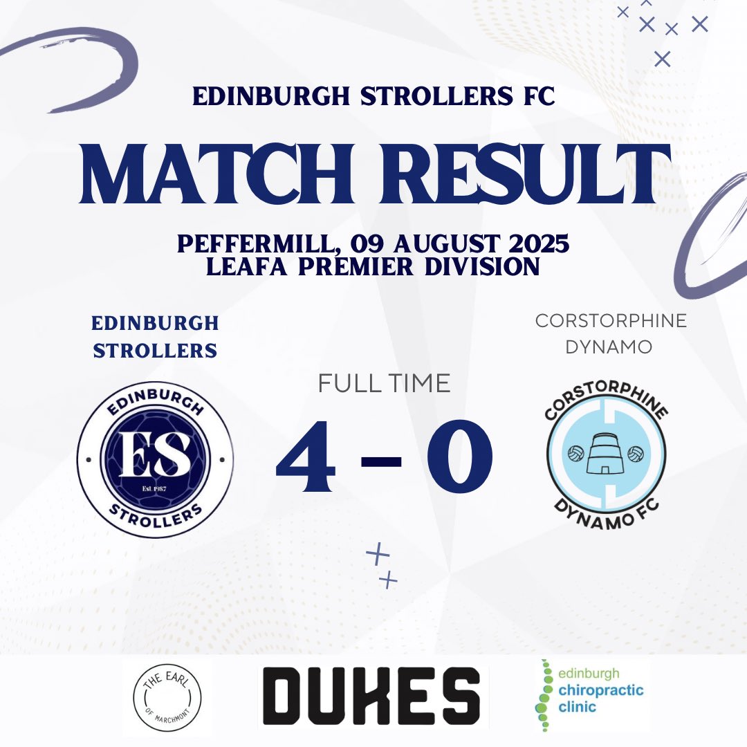 Edinburgh Strollers (@edinstrollersfc) on Twitter photo FT RESULT: Edinburgh Strollers 4-0 <a href="/CorrieDynamoFC/">Corstorphine Dynamo CFC</a>
3 points and a clean sheet to start our season off 💙 Brilliant all round performance 👏🏼
<a href="/LeafaOfficial/">Official_LEAFA</a> <a href="/scottish_aff/">AmateurFixturesResultsSCO</a> <a href="/L1veAtTheAmmys/">Live At The Ammys</a>
Sponsors:
Dukes
The Earl of Marchmont
<a href="/ChiroEdinburgh/">EdinburghChiro</a>
🔵⚪️🔵⚪️ FT RESULT: Edinburgh Strollers 4-0 <a href="/CorrieDynamoFC/">Corstorphine Dynamo CFC</a>
3 points and a clean sheet to start our season off 💙 Brilliant all round performance 👏🏼
<a href="/LeafaOfficial/">Official_LEAFA</a> <a href="/scottish_aff/">AmateurFixturesResultsSCO</a> <a href="/L1veAtTheAmmys/">Live At The Ammys</a>
Sponsors:
Dukes
The Earl of Marchmont
<a href="/ChiroEdinburgh/">EdinburghChiro</a>
🔵⚪️🔵⚪️