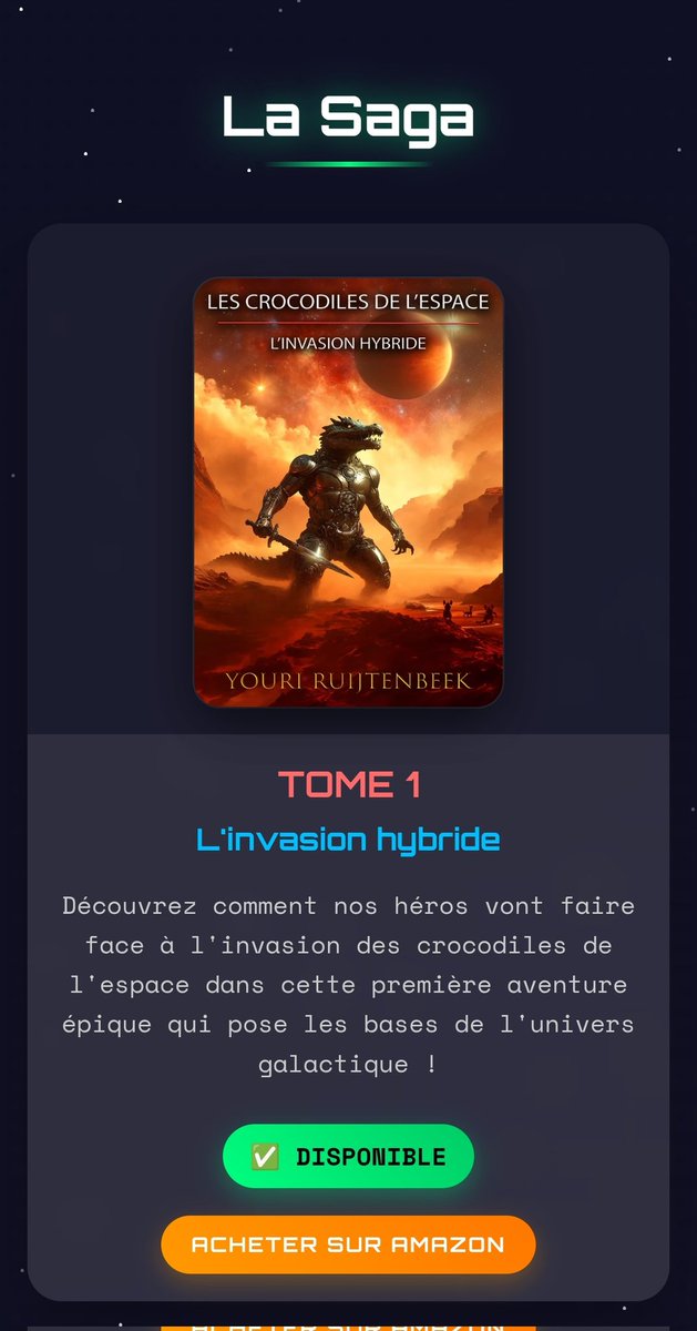 Sortir un livre c'est bien...

Sortir aussi un site internet C'EST ENCORE MIEUX!

Découvrez l'univers des crocodiles de l'espace à travers un site entièrement dédié qui sera régulièrement mis à jour j'en suis super fier allez y jeter un coup d'oeil svp 🙏

crocodilesdelespace.fr