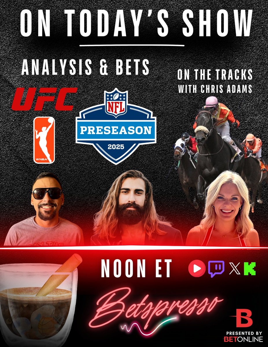 Betting News (@yourbettingnews) on Twitter photo Today on BETSPRESSOโ๏ธ
-NFL Preseason Recap & Saturday Preview ๐
-Violence Report: UFC Vegas 109๐ฆพ
-Hoops: WNBA Bets๐
-On the Tracks: Horse Racing Picks w/<a href="/HandicappingT3/">Chris Adams</a> ๐
๐๏ธ@sweatpantjesus <a href="/trizzy_bets/">SharpTrizz๐ก</a> & <a href="/KateConstable/">Kate Constable</a>
WATCH๐
๐บtwitch.tv/bettingnews Today on BETSPRESSOโ๏ธ
-NFL Preseason Recap & Saturday Preview ๐
-Violence Report: UFC Vegas 109๐ฆพ
-Hoops: WNBA Bets๐
-On the Tracks: Horse Racing Picks w/<a href="/HandicappingT3/">Chris Adams</a> ๐
๐๏ธ@sweatpantjesus <a href="/trizzy_bets/">SharpTrizz๐ก</a> & <a href="/KateConstable/">Kate Constable</a>
WATCH๐
๐บtwitch.tv/bettingnews