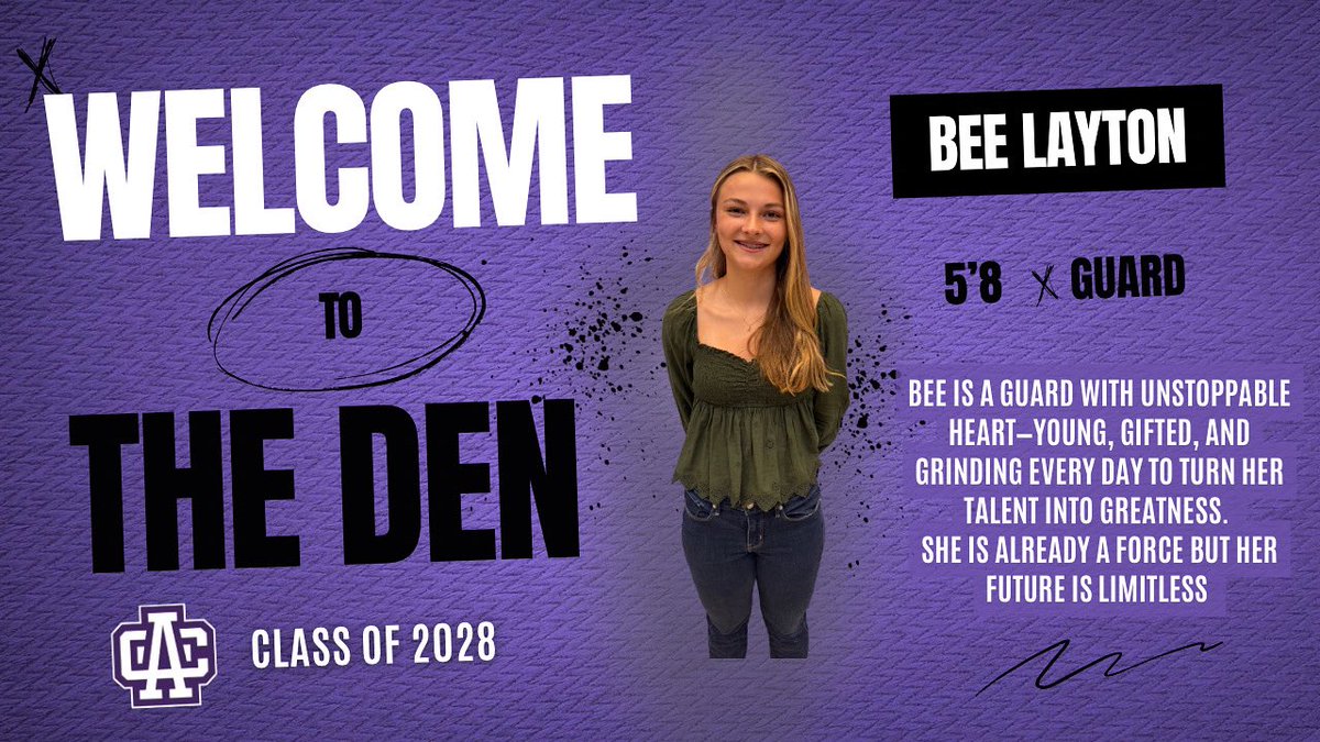 We are excited to welcome a new LION to the DEN

5’8 Guard <a href="/bee_layton53292/">Amelia (Bee) Layton</a> 

Amelia “Bee” her work ethic is unmatched, her ability to be able to create on offense will cause problems. She is destined to dominate the court. 

🟣⚪️🟣⚪️