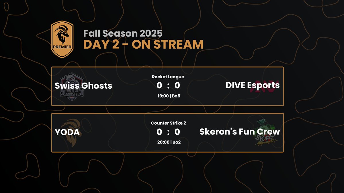 Ibex Gaming League (@ibexleague) on Twitter photo 💃Happy Sunday! 🕺
Round of the weekend with our Premier Division Stream this evening.🔥
🚗Rocket League 19:00
<a href="/swissghosts/">SwissGhosts</a> ⚔️ <a href="/DIVE_EsportsCH/">DIVE Esports</a>
🔫Counter-Strike 2 20:00
<a href="/YodaEsportsCH/">Yoda Esports</a> ⚔️ Skeron's Fun Crew 💃Happy Sunday! 🕺
Round of the weekend with our Premier Division Stream this evening.🔥
🚗Rocket League 19:00
<a href="/swissghosts/">SwissGhosts</a> ⚔️ <a href="/DIVE_EsportsCH/">DIVE Esports</a>
🔫Counter-Strike 2 20:00
<a href="/YodaEsportsCH/">Yoda Esports</a> ⚔️ Skeron's Fun Crew