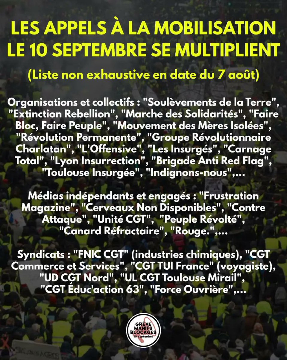 LeDirectInfo's tweet image. 🔴🇫🇷ALERTE : Les appels à la mobilisation le #10septembre se multiplient.

De plus en plus de collectifs, organisations, médias indépendants engagés et syndicats appellent à l'action

À vous de relayer l’info et de faire en sorte de rendre cela possible

#Bayrou #Macron
