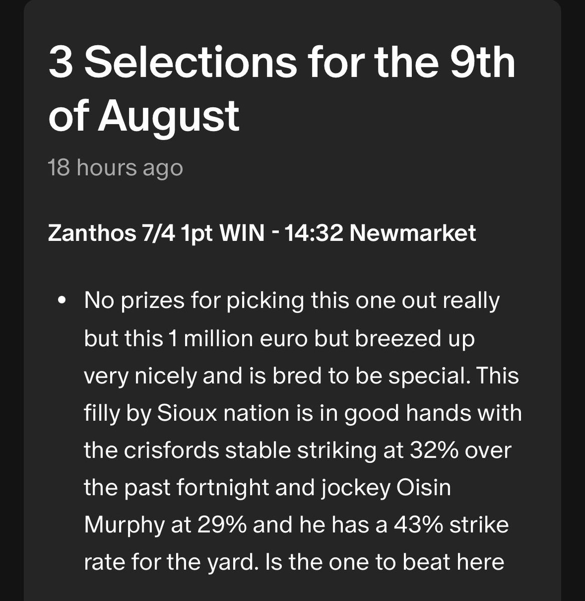 Short one but a win nonetheless.

Zarathos wins in emphatic fashion for members with great value found.

2 more selections to go, if you don’t want to miss out join with the link in my bio 👀
