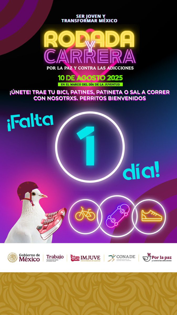 #TecNMenAcción 
¡Ya solo falta 1 día <a href="/imjuvemx/">imjuvemx</a>!

Este 10 de agosto, la Rodada y Carrera por la Paz y Contra las Adicciones se vive en todo México. 🏃🚲🛼

Aún te puedes registrar 👉 bit.ly/Registo_IES_Ro…

Que no se te pase…

#RodadaJovenxLaPaz