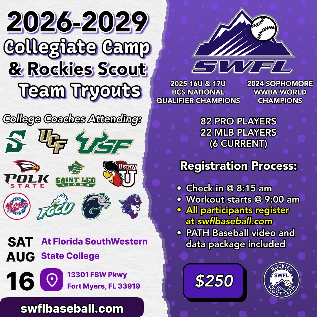 SWFLBaseball1's tweet image. We are 1️⃣ week away from the SWFL Collegiate Camp. We will have 10+ coaches there along with PATH baseball who will provide recruiting videos for all participants. Get registered at Swflbaseball.com