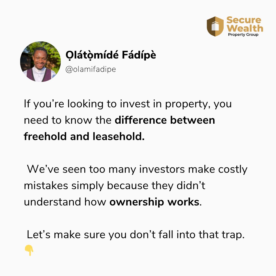 olamifadipe's tweet photo. Before you buy your next property, ask yourself:
Is it Freehold or Leasehold? 🤔

Because smart property decisions start with knowing what you’re buying.

Want help choosing the right investment property? Send us a DM and let’s get started today!✨

#propertyinvestment https://t.co/NHY3YDCIyg