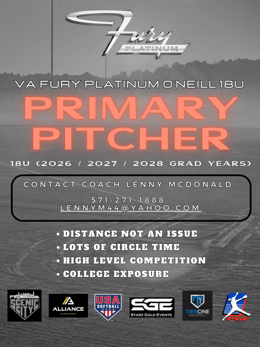 Fury Platinum O’Neill 18U is looking for a Primary Pitcher (distance no issue) to join a positive super talented (big bats and defense) team! Our fall schedule includes PGF and Alliance Showcases as well as Connect Sports Scenic City. For a private tryout, contact Coach Lenny!
