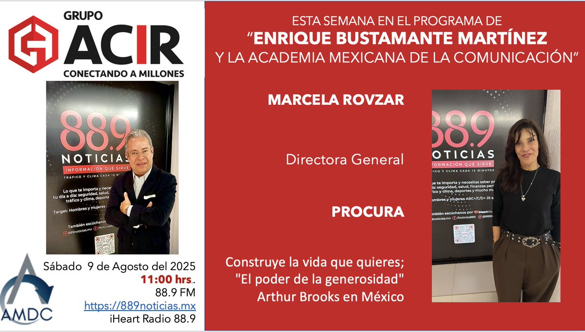 EnriqueB01's tweet image. Hoy en #MiProgramaDeRadio de la Academia Mexicana de la Comunicación, entrevisto a @MarcelaRovzar Dir Gral de @ProcuraAC Procura, A.C.
Encuentro 2025 participará @arthurbrooks 
Cápsula de IA de @jhidalgo
11:00 hrs. en el 88.9 FM o 889noticias.mx y de iHeart Radio 889