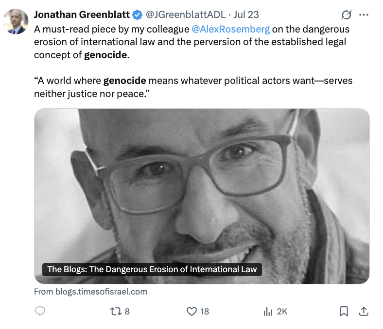 jasper nathaniel (@infinite__jaz) on Twitter photo <a href="/JGreenblattADL/">Jonathan Greenblatt</a> <a href="/ADL/">ADL</a> Greenblatt says he has not read the definition of genocide before, and besides, it's not about how we "define" these things. About two weeks ago, he tweeted about the "perversion of the established concept of genocide... where genocide means whatever political actors want." <a href="/JGreenblattADL/">Jonathan Greenblatt</a> <a href="/ADL/">ADL</a> Greenblatt says he has not read the definition of genocide before, and besides, it's not about how we "define" these things. About two weeks ago, he tweeted about the "perversion of the established concept of genocide... where genocide means whatever political actors want."