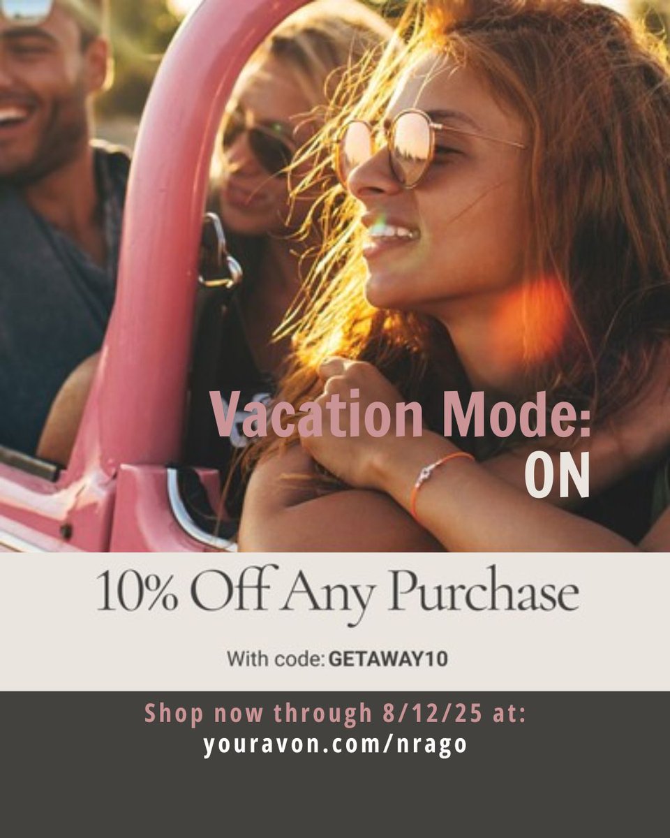 AvonLadyNJ's tweet photo. Don’t let summer slip through your fingers! Enjoy the last warm days with 10% off any purchase—just use code GETAWAY10. Shop now through 8/12/25 at:https://t.co/0Sf7TEAbcW.
#BeautyDeals #SummerGlow #AvonFinds https://t.co/ce6hT4Vgdy