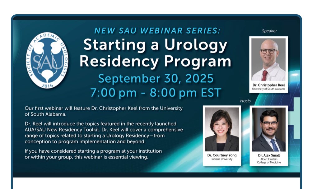 Society of Academic Urologists (@uroacademic) on Twitter photo September Webinar Series:
Starting Residency Program: From Soup 🥣 to Nuts 🥜
Register to join on our website!!
sauweb.org
<a href="/AmerUrological/">Amer. Urol. Assn.</a> <a href="/DrCKeel/">Christopher Keel</a> <a href="/alexcsmall/">Alex Small</a> <a href="/CoYoUroMD/">Courtney Yong MD</a> September Webinar Series:
Starting Residency Program: From Soup 🥣 to Nuts 🥜
Register to join on our website!!
sauweb.org
<a href="/AmerUrological/">Amer. Urol. Assn.</a> <a href="/DrCKeel/">Christopher Keel</a> <a href="/alexcsmall/">Alex Small</a> <a href="/CoYoUroMD/">Courtney Yong MD</a>