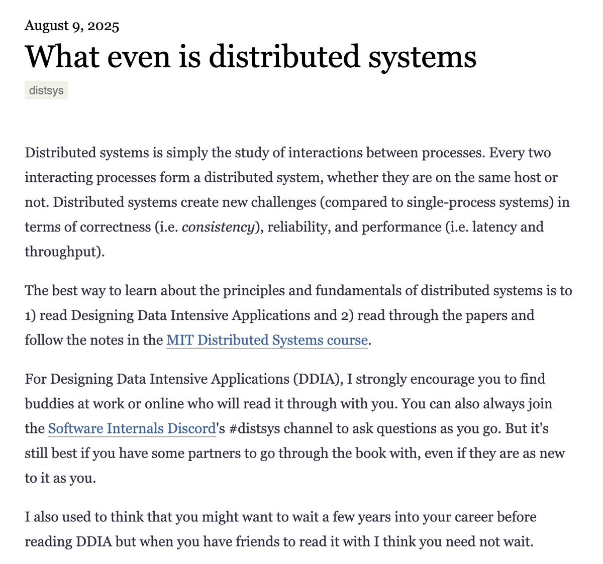 eatonphil's tweet image. I wrote a short post on learning the fundamentals of distributed systems, with a few suggested resources to read and a few suggested projects to try.