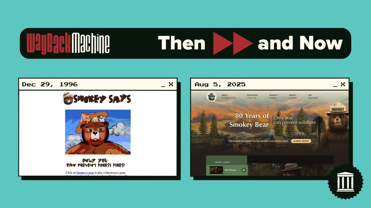 internetarchive's tweet image. 🐻🎉 In celebration of Smokey Bear&apos;s birthday, here&apos;s a look at how his official site has evolved over 29 years. The message? Still the same: &quot;Only YOU.&quot;

Explore Smokey&apos;s online history with the #WaybackMachine ➡️ web.archive.org/web/1996122907…

#wildfireprevention #webhistory