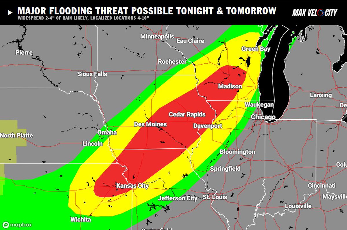 DANGEROUS FLOODING THREAT will unfold tonight into tomorrow morning across the Midwest and Central Plains!

Be prepared for a widespread 2-4" of rainfall, with localized areas between 4-10" of rain possible. Turn around, don't drown!