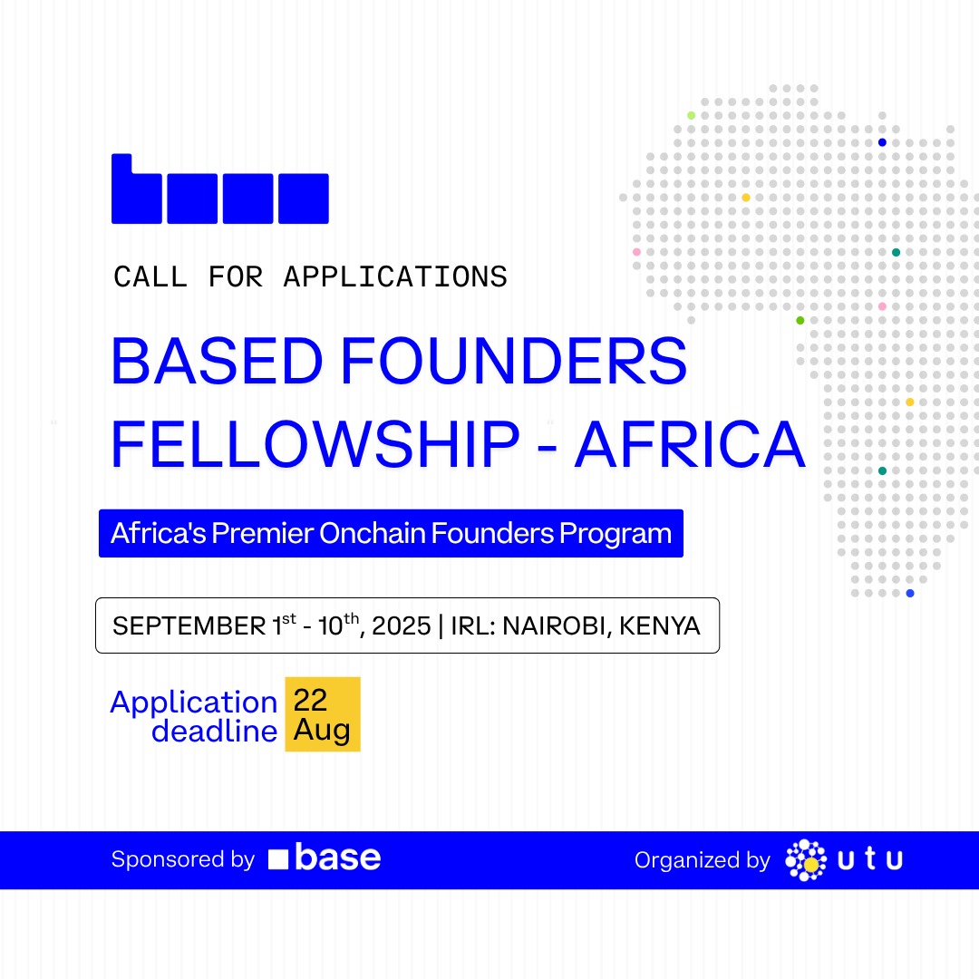 We are happy to launch the Based Founders Fellowship, for African onchain founders!

Based Founders Fellowship (BFF) - Africa, Cohort 1 is a 2 week program in Nairobi, Kenya between September 1 - 10, 2025. 

The program integrates key elements of venture growth and builder