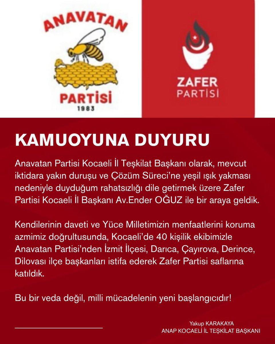 Kocaeli Anavatan Partisi İl Teşkilat Başkanı Sn Yakup Karakaya ve ekip arkadaşları ile bir araya gelerek, Türk Milleti’nin gerçek teminatı olan Zafer Partisi’ne davet ettik.Görüşme sonrasında kendisi 40  dava arkadaşları ve de İzmit,Gölcük, Derince, Çayırova, Dilovası ve Darıca