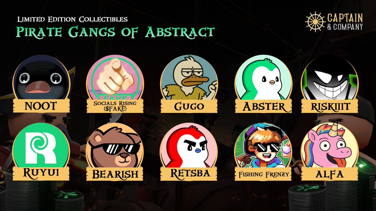 capncompany's tweet photo. A hearty thank-ye to our sponsors, there are just a few days left to grab their limited-edition collectible hats.

Each of these heroes is a core pillar of the @AbstractChain family and a real pirate. 🏴‍☠️ https://t.co/QL2tv16XJV