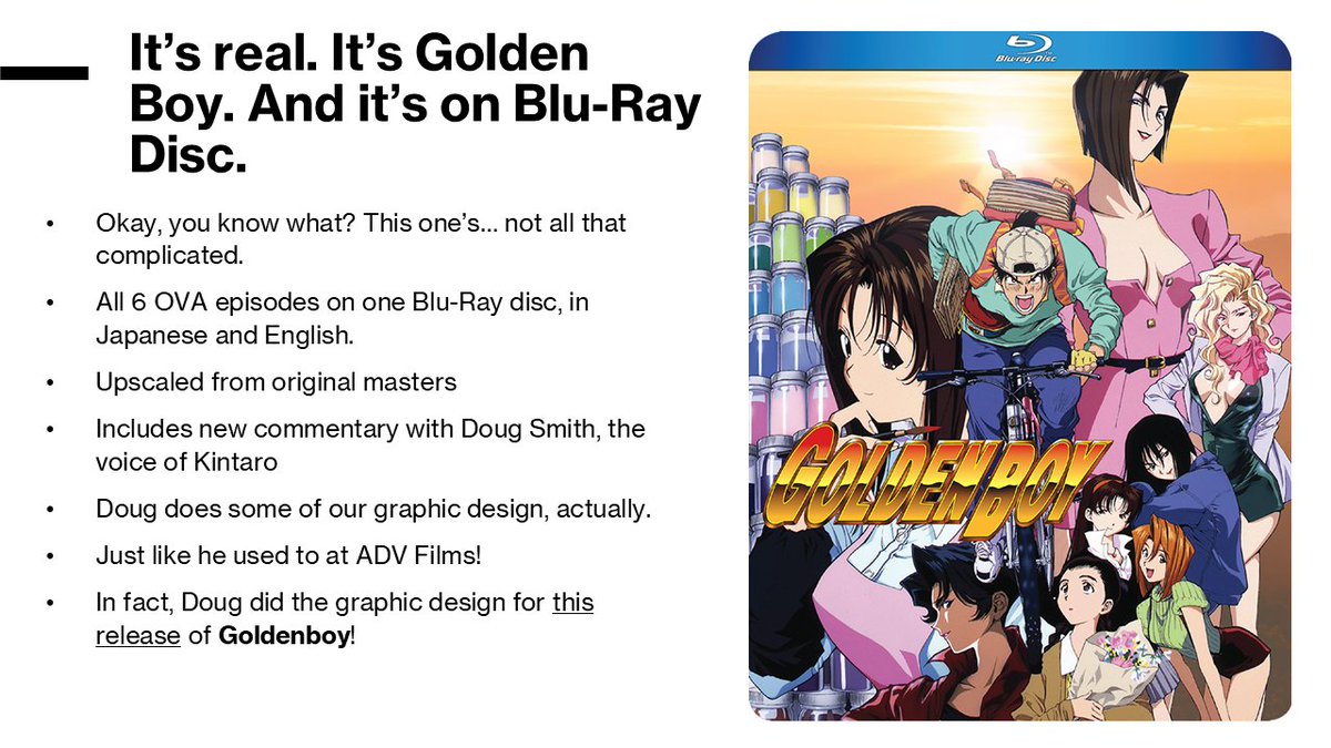 Golden Boy is coming to Blu-ray!

All 6 OVA episodes subbed &amp; dubbed.

Features a new commentary with Doug Smith, the voice of Kintaro, who also did graphic design for the new release.
