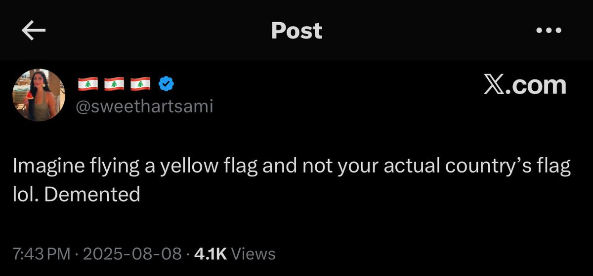 thank God she blocked me in 2021 when I called her  out about not talking about Palestine. that yellow flag let you walk around freely in your own country, and prevented your country from being under israeli occupation. that yellow flag let you have the country you’re so proud of