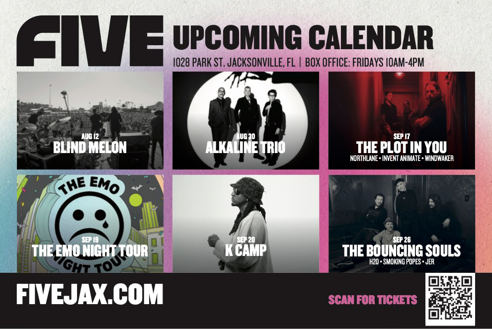 Blind Melon, Alkaline Trio, The Plot In You, Emo Night, K Camp &amp; The Bouncing Souls are all hitting the stage at FIVE this fall. Big names, up-close energy. 🎶 Grab your tickets now at fivejax.com | 1028 Park St, Jax | Box Office open Fridays 10AM–4PM