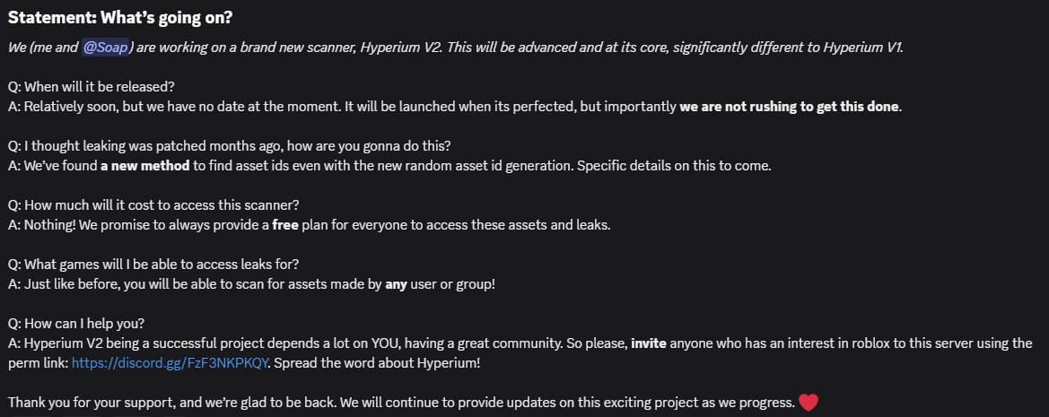 An update on Hyperium V2, our new roblox asset scanner (leaks) which is currently in development.

Join to stay updated: discord.gg/FzF3NKPKQY