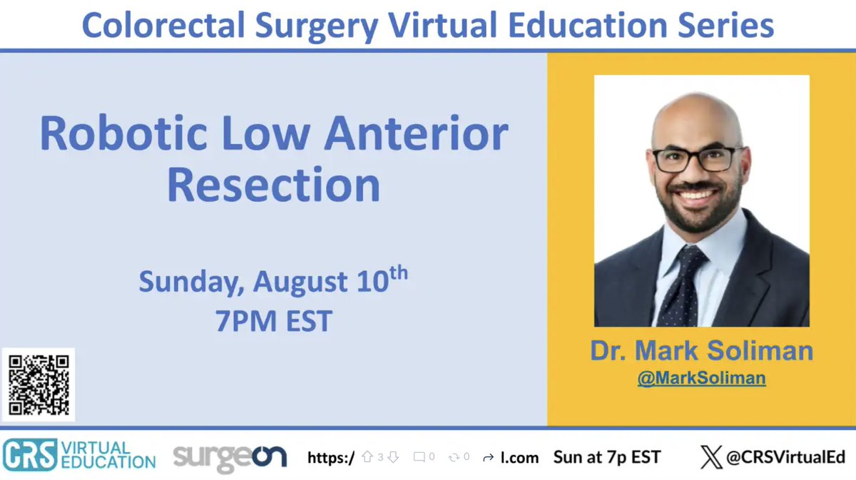 CRSVirtualEd (@crsvirtualed) on Twitter photo TOMORROW NIGHT!! 
Join us this Sunday, August 10th @ 7p EST for "Robotic Low Anterior Resection" 
Join on SurgeOn here: surgeonapp.com/post/details/5ā¦
<a href="/surgeonapp1/">SurgeOn</a>
<a href="/MarkSoliman/">Mark Soliman, MD, MBA</a>
#CRSVE #4FellowsByFellows TOMORROW NIGHT!! 
Join us this Sunday, August 10th @ 7p EST for "Robotic Low Anterior Resection" 
Join on SurgeOn here: surgeonapp.com/post/details/5ā¦
<a href="/surgeonapp1/">SurgeOn</a>
<a href="/MarkSoliman/">Mark Soliman, MD, MBA</a>
#CRSVE #4FellowsByFellows