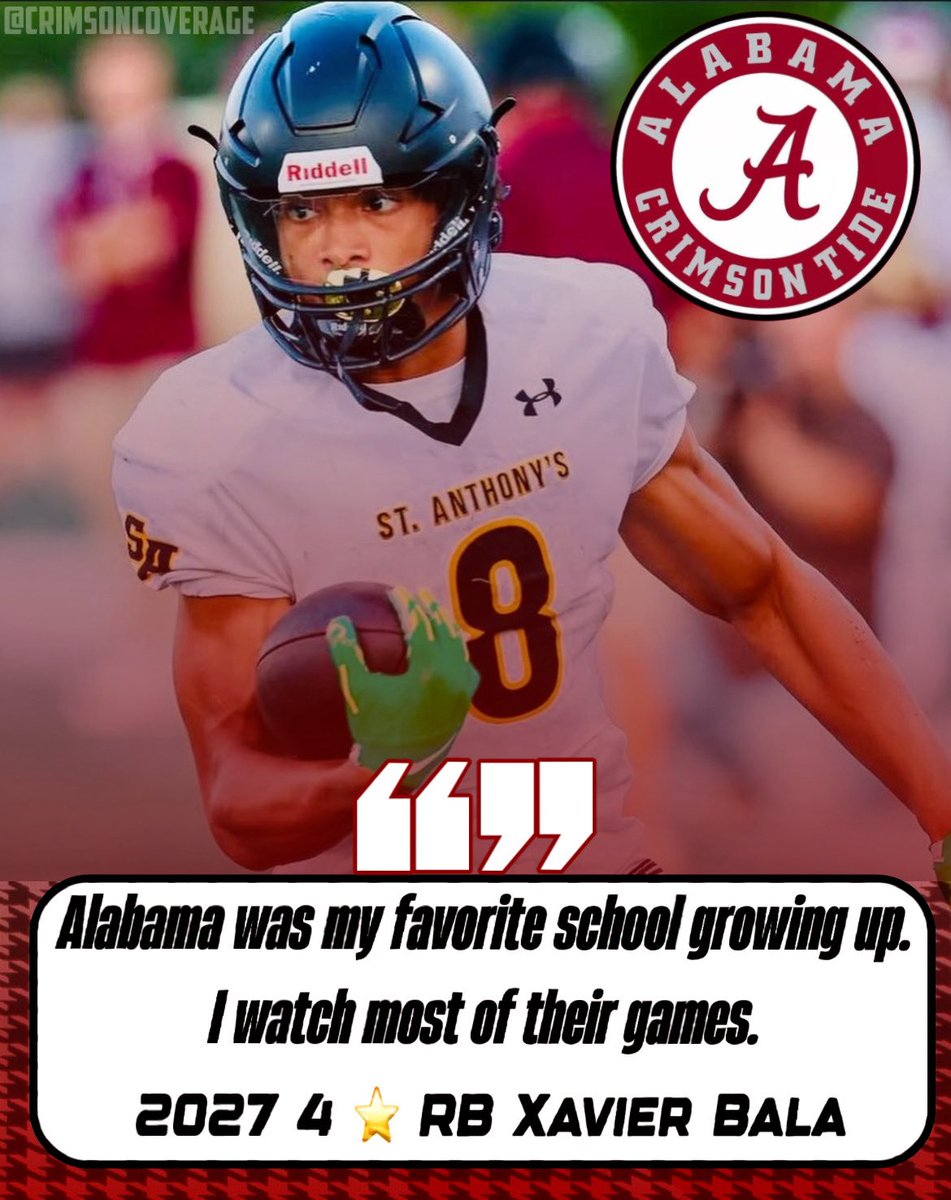 Crimson Coverage (@crimsoncoverage) on Twitter photo 2027 4 ⭐️ RB Xavier Bala (<a href="/XavierBala14/">Xavier Bala</a>) received an offer from Alabama over the summer.
The New York native spoke with me about how he views the Crimson Tide. 2027 4 ⭐️ RB Xavier Bala (<a href="/XavierBala14/">Xavier Bala</a>) received an offer from Alabama over the summer.
The New York native spoke with me about how he views the Crimson Tide.