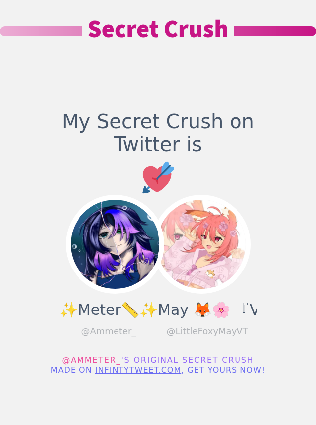 My Secret Crush on Twitter is <a href="/LittleFoxyMayVT/">May 🦊🌸 『VFree』</a>

➡️ infintytweet.me/secret-crush