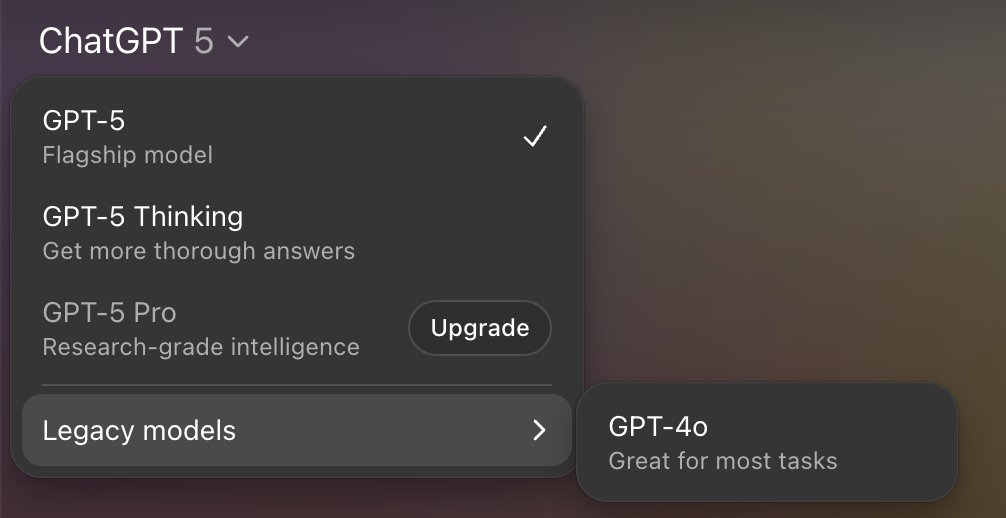Wait, why do I only get to see GPT-4o in "legacy models"?! 

Where are the others? <a href="/sama/">Sam Altman</a> <a href="/OpenAI/">OpenAI</a>