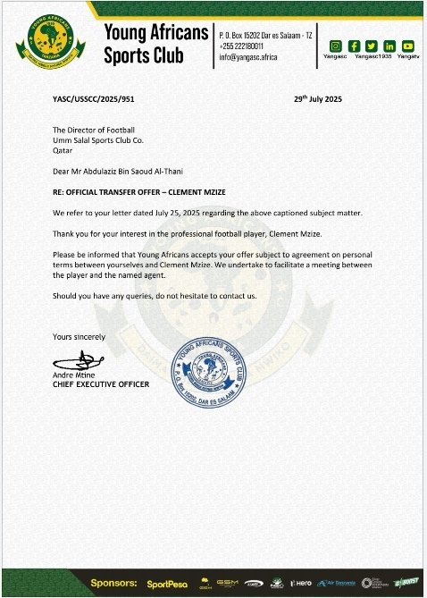 Yanga walishaikubali kitambo ofa ya Umm Salal kwa ajili ya Clement Mzize. Tatizo liko kwa msimamizi ambae dili hakulileta yeye kwaiyo ikifanyika biashara hii hakuna atakachopata.