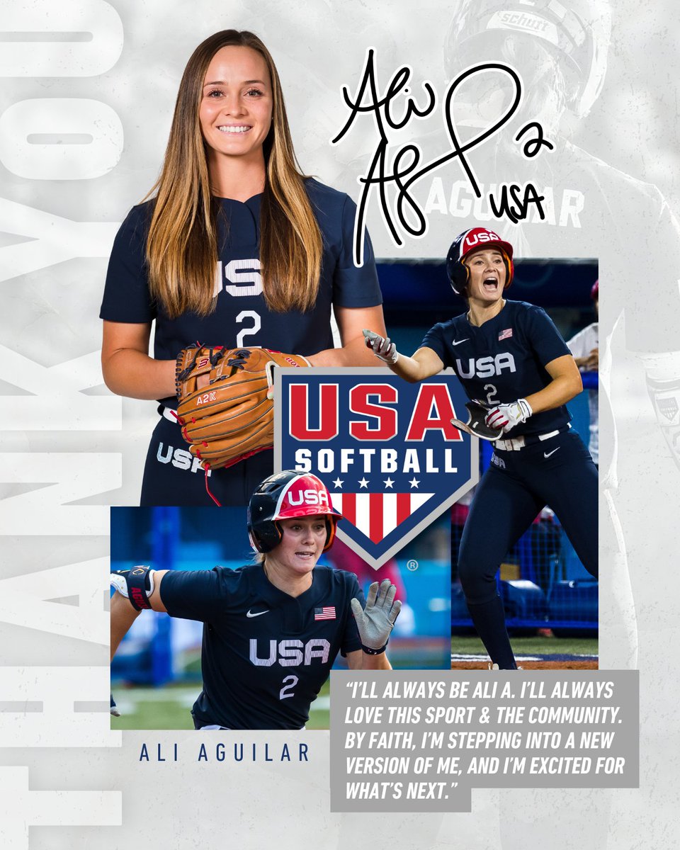 USASoftball's tweet image. 𝐓𝐇𝐀𝐍𝐊 𝐘𝐎𝐔 for inspiring the next generation, Ali! 🇺🇸

✨ Wishing Ali Aguilar the very best in retirement after 𝟭𝟮 𝗿𝗲𝗺𝗮𝗿𝗸𝗮𝗯𝗹𝗲 𝘆𝗲𝗮𝗿𝘀 with the U.S. Women’s National Team program!

📃 𝑹𝒆𝒂𝒅 𝒎𝒐𝒓𝒆 → go.usasoftball.com/alia