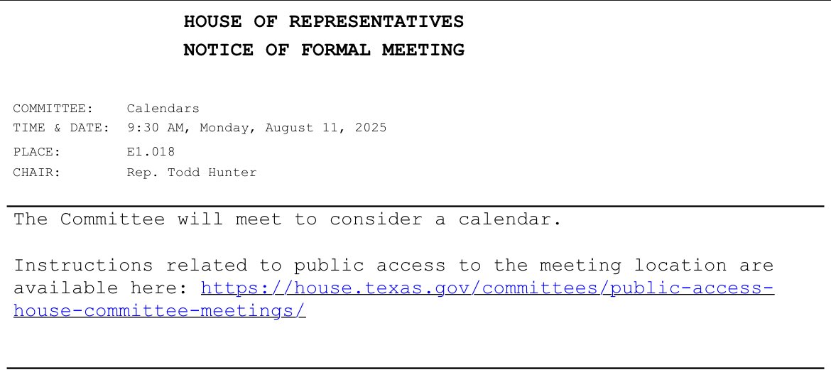 bradj_TX's tweet image. House Calendars will meet on Monday morning. #txlege