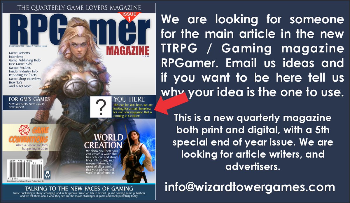 realwizardtower's tweet photo. Looking for articles and more. Email us at the below email. All articles are due by 9/29 and the magazine premiers October 31, 2025
#magazine #ttrpgcommunity https://t.co/tEdXgx3OIP
