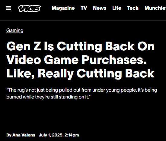 "Gen Z Is Cutting Back On Video Game Purchases. Like, Really Cutting Back"
Meanwhile, game companies are increasing game prices.
Yes, I'm sure that's wise.
vice.com/en/article/gen…