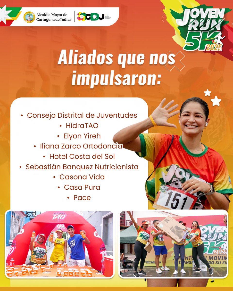 Secretaria de Desarrollo Social Ctg (@secparctg) on Twitter photo Joven Run 5K fue un éxito total 🏃🔥
Gracias al apoyo en logística y a los aliados que se sumaron, vivimos un encuentro que impulsa la participación de los jóvenes hacia hábitos saludables, fortaleciendo su presencia activa en nuestra ciudad 🧡.
<a href="/AlcaldiaCTG/">Alcaldía de Cartagena</a> <a href="/dumek_turbay/">Dumek Turbay Paz</a> Joven Run 5K fue un éxito total 🏃🔥
Gracias al apoyo en logística y a los aliados que se sumaron, vivimos un encuentro que impulsa la participación de los jóvenes hacia hábitos saludables, fortaleciendo su presencia activa en nuestra ciudad 🧡.
<a href="/AlcaldiaCTG/">Alcaldía de Cartagena</a> <a href="/dumek_turbay/">Dumek Turbay Paz</a>