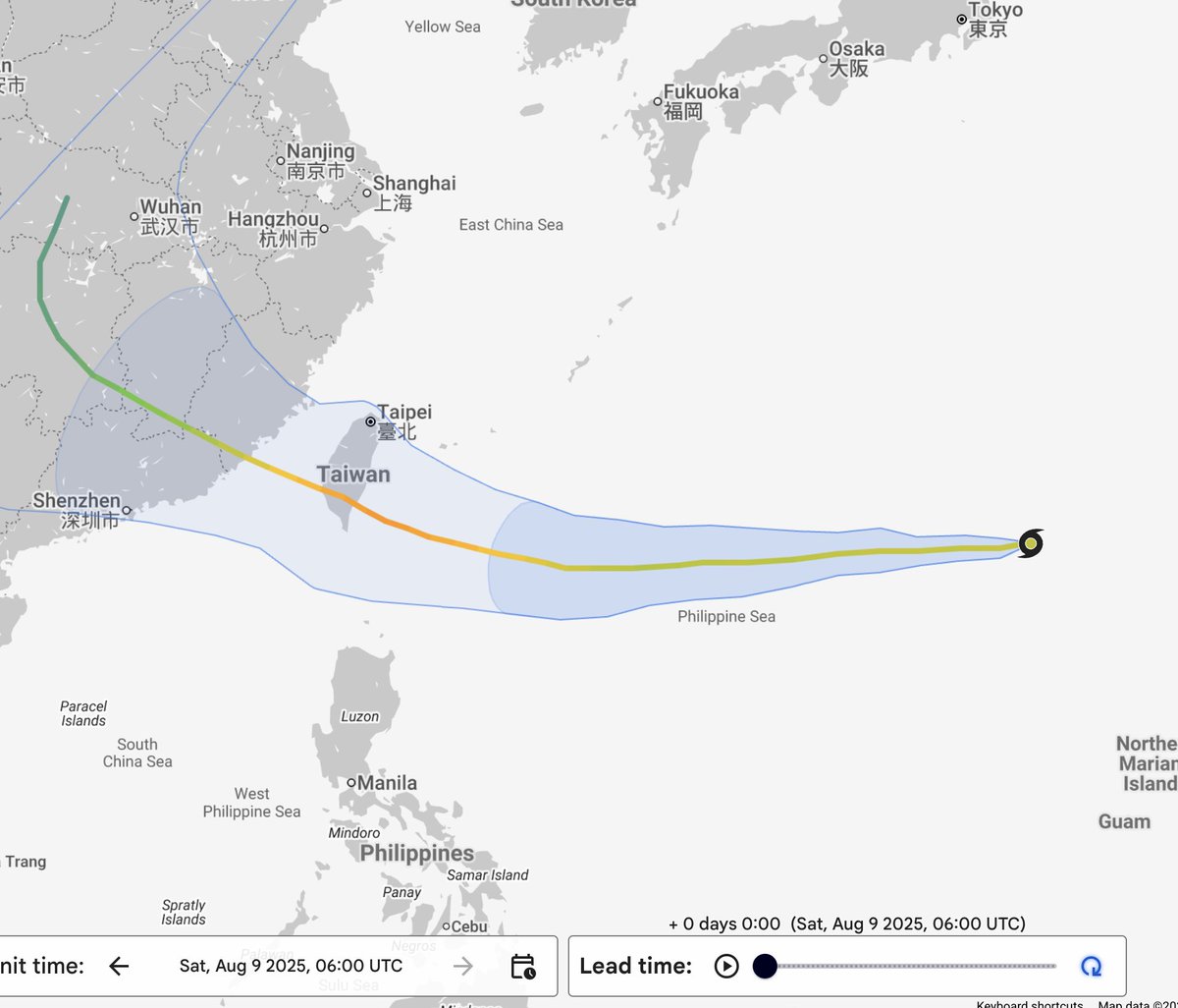 说来最近的台风每个国家的预报都是说要往台北走，但是 Google 的实验性 AI 模型却是说要往台南，不知道谁比较准