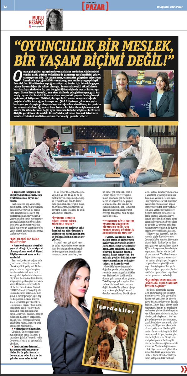 Gazete Pencere (@gazetepencere) on Twitter photo 🎙️ “Oyunculuk bir meslek, bir yaşam biçimi değil!”
Mutlu Hesapçı, oyuncu Gizem Erman Soysaldı ile yaşamını, kariyerini ve hedeflerini konuştu.
<a href="/mutluhesapci/">mutlu hesapçı</a>
gazetepencere.com/yazarlar/oyunc… 🎙️ “Oyunculuk bir meslek, bir yaşam biçimi değil!”
Mutlu Hesapçı, oyuncu Gizem Erman Soysaldı ile yaşamını, kariyerini ve hedeflerini konuştu.
<a href="/mutluhesapci/">mutlu hesapçı</a>
gazetepencere.com/yazarlar/oyunc…