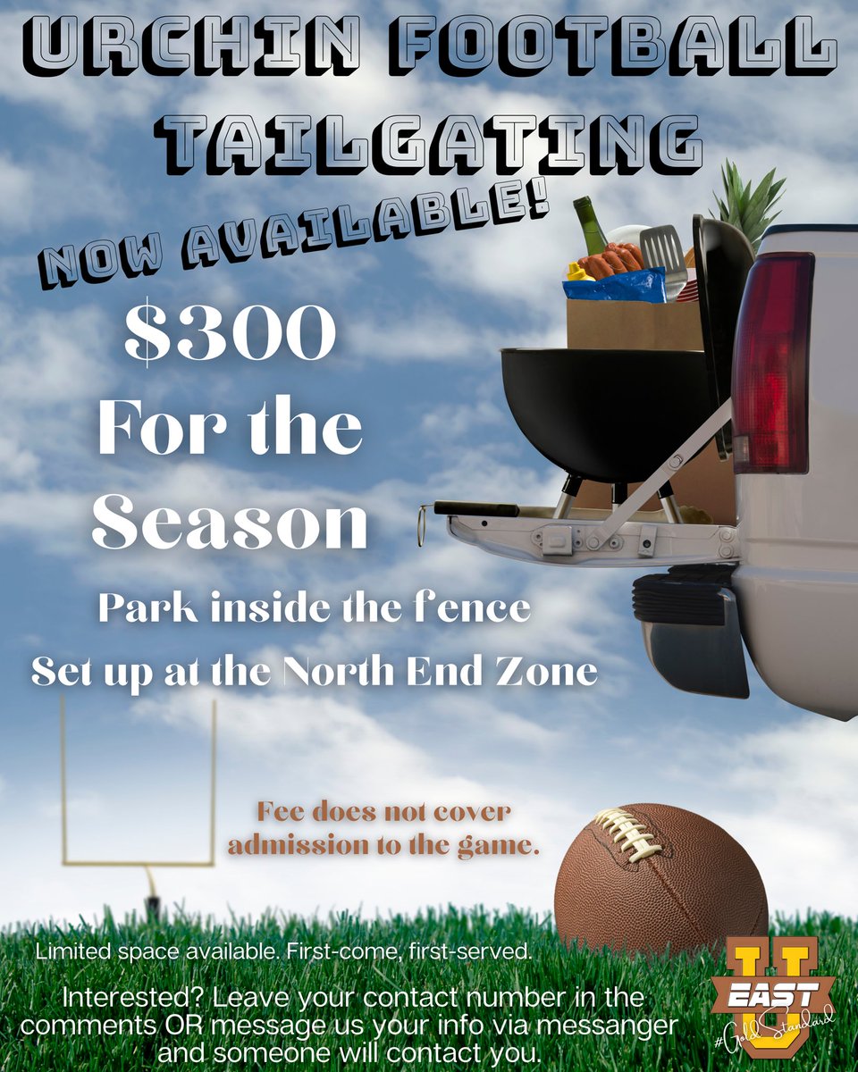Urchin football tailgating now available. Contact Crystal Whitfield for more details. #UrchinFootball #Tailgating #GoldStandard ￼