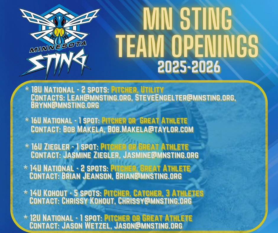 Just a few spots left to fill our teams! We have an open tryout TOMORROW or contact the coach to arrange a private tryout.