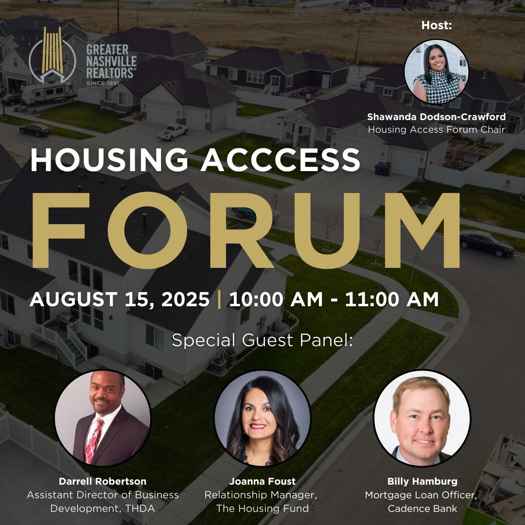 Help your buyers succeed!

Join us Aug 15 | 10–11 AM at Greater Nashville REALTORS® for the Housing Access Forum.

Down payment assistance
Closing cost support
Financing strategies

Experts: THDA • The Housing Fund • Cadence Bank
FREE

Register here &gt;&gt;&gt; bit.ly/3URzOcF
