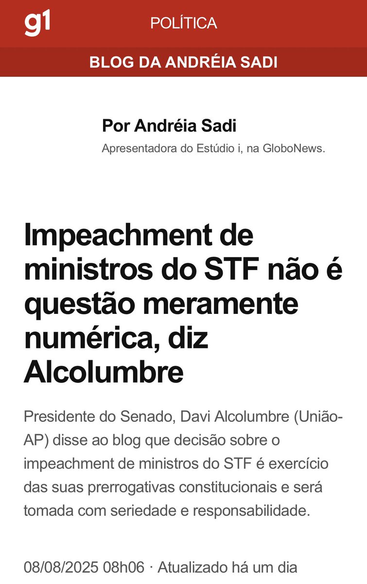 Martin De Luca (@emd_worldwide) on Twitter photo Thursday: “Never.” Friday: “Maybe.” The Moraes Impeachment Saga. Enough games.
On Thursday <a href="/davialcolumbre/">Davi Alcolumbre</a> - who presides the Brazilian Senate - outrageously said “Even with all 81 senators’ signatures, I won’t put Alexandre de Moraes’s impeachment on the agenda.”
Last night: Thursday: “Never.” Friday: “Maybe.” The Moraes Impeachment Saga. Enough games.
On Thursday <a href="/davialcolumbre/">Davi Alcolumbre</a> - who presides the Brazilian Senate - outrageously said “Even with all 81 senators’ signatures, I won’t put Alexandre de Moraes’s impeachment on the agenda.”
Last night: