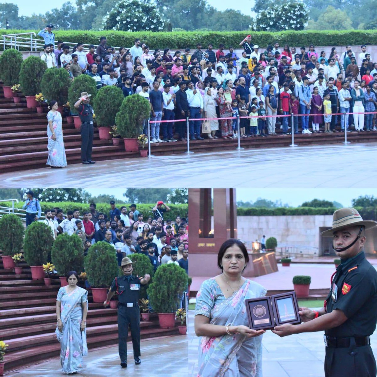 salute2soldier's tweet photo. Commemorating the valiant service and supreme sacrifice of Gdr Abdhesh Singh Badauria, #14GRENADIERS, in #Op #Parakram, Mrs Sangita Devi, the #VeerNari, paid homage to the #Braveheart at #AmarJawanJyoti in a solemn Next-of-Kin Ceremony at #NationalWarMemorial. #LestWeForget. https://t.co/Wts7iD0CQg