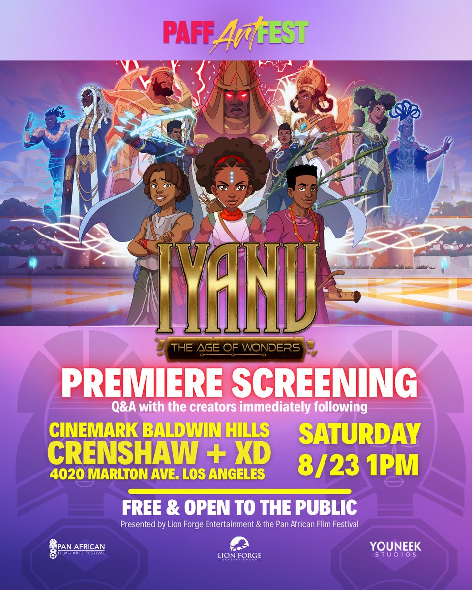 "Iyanu: The Age of Wonders" Movie is coming to the PAFF ArtFEST! 🎬
The prequel movie that shaped Yorubaland in the hit animated series on <a href="/cartoonnetwork/">Cartoon Network</a>  and <a href="/hbomax/">HBO Max</a> 

🎟 FREE premiere screening — RSVP: tinyurl.com/yvau7zjj 

📅 Aug 23 | 🕐 1 PM
 📍 Baldwin Hills Crenshaw