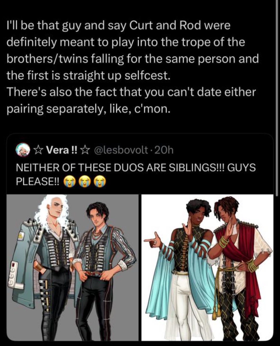 This person is mdni so it’s cropped but this is like thinly veiled racism it’s literally js a micro aggression
Not to get woke, but cnr have CANONICALLY dated, saying they fulfill a twins trope because they look alike to people is just because they’re both black ✌🏾🥹🥀