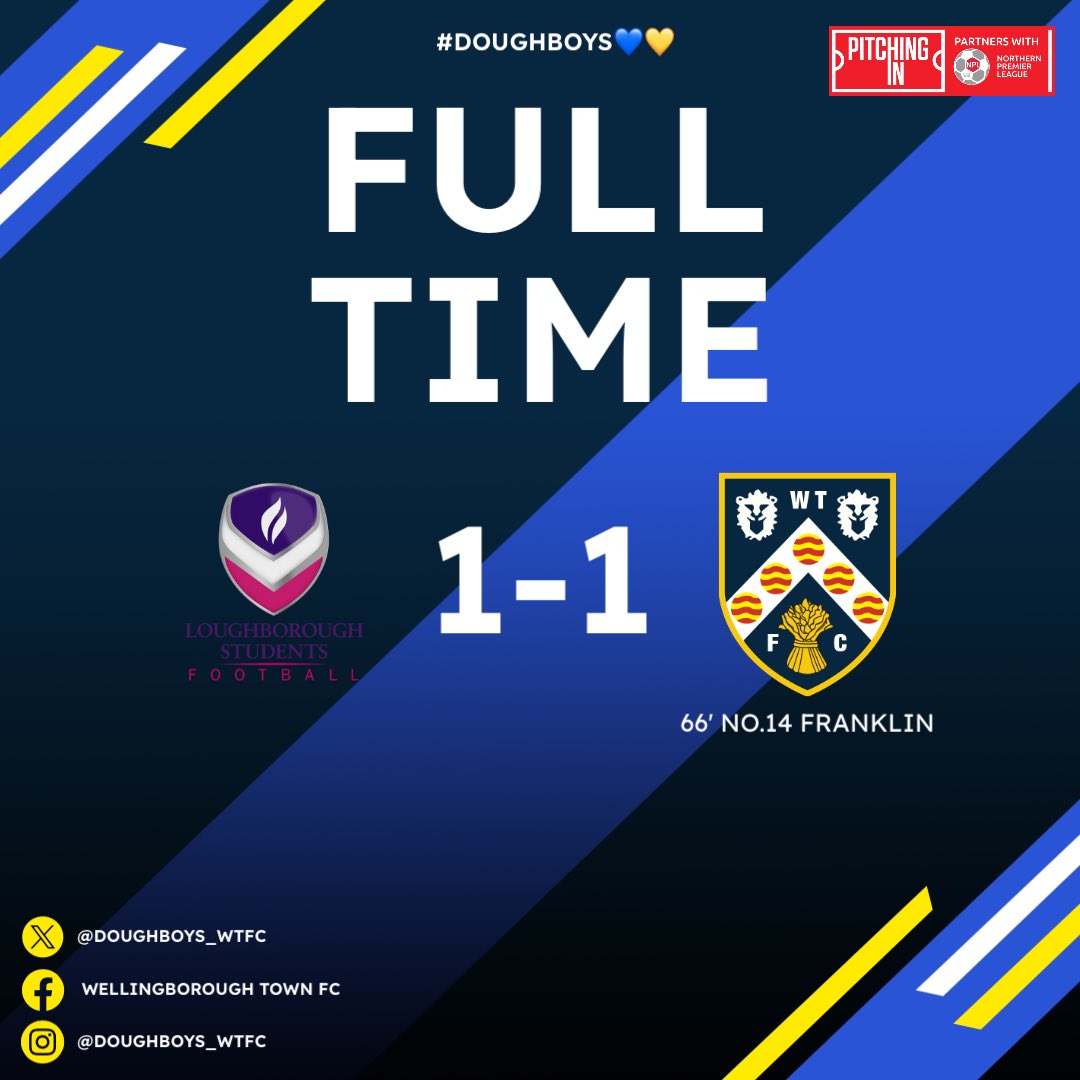 Wellingborough Town FC (@doughboys_wtfc) on Twitter photo Full Time.
It’s honours even in the first league game of the season.
A second half goal from Franklin off the back off a Draper free kick helped us secure our first point of the campaign!
<a href="/NorthernPremLge/">The Pitching In Northern Premier League</a>
#Doughboys💙💛 Full Time.
It’s honours even in the first league game of the season.
A second half goal from Franklin off the back off a Draper free kick helped us secure our first point of the campaign!
<a href="/NorthernPremLge/">The Pitching In Northern Premier League</a>
#Doughboys💙💛
