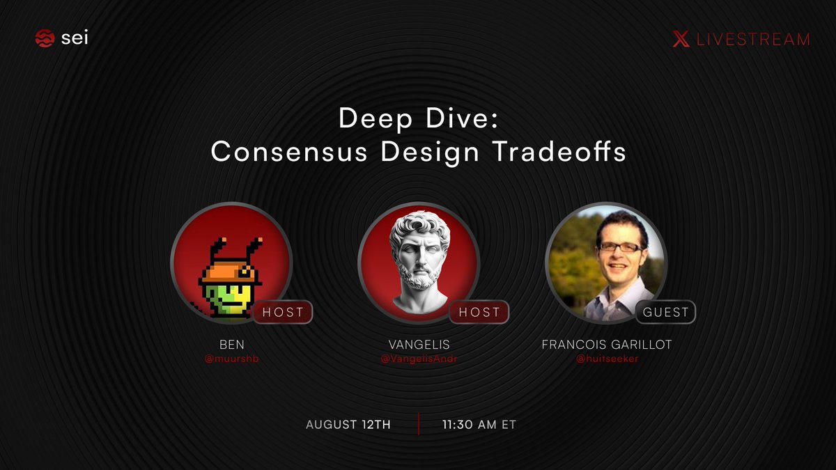 Consensus mechanisms are the invisible engine powering blockchain.

Design choices have tradeoffs: speed vs security, decentralization vs performance.

<a href="/muurshb/">Ben ($/acc)</a> and <a href="/VangelisAndr/">Vangelis</a> will deep dive with <a href="/huitseeker/">Francois Garillot</a> to break down consensus.

Stream here, Tuesday, 11:30am ET