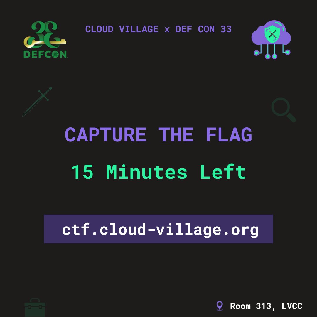cloudvillage_dc's tweet image. ๐จ 15 MINUTES LEFT ๐จ
The cloud is sealing shut.
H3X-N0VA is watching. ๐
Got a shell? A script? One last exploit?
This is your final shot โ strike now or lose it all. โก
๐ ctf.cloud-village.org
#CloudVillage #DEFCON33 #CloudCTF #HackerSummerCamp