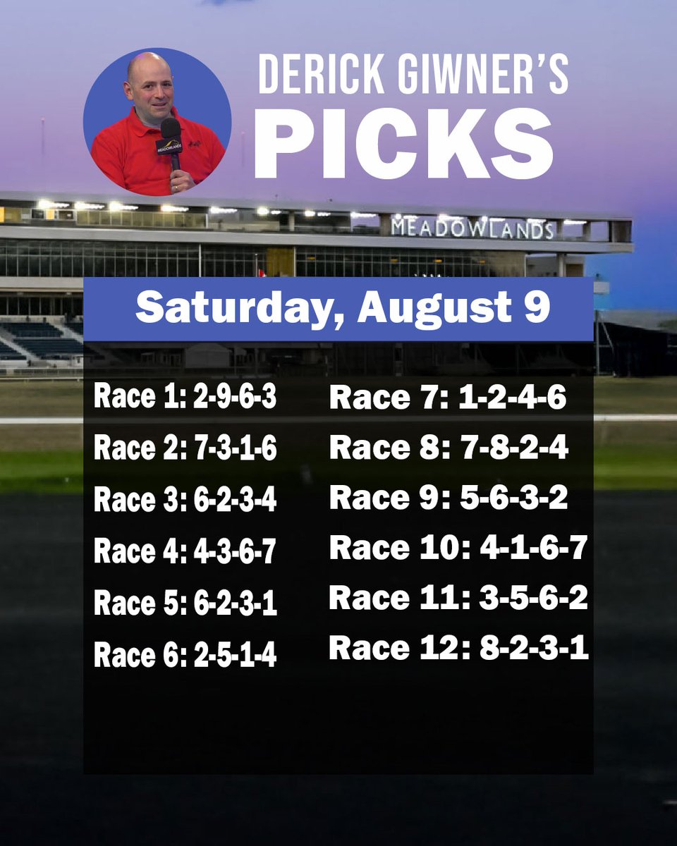 Meadowlands Racing (@themeadowlands) on Twitter photo Take a look at picks from <a href="/john_rallis/">John Rallis</a> and <a href="/HarnessEyeGuy/">Derick Giwner</a> for tonight's racing!
Post time: 6:20 pm Take a look at picks from <a href="/john_rallis/">John Rallis</a> and <a href="/HarnessEyeGuy/">Derick Giwner</a> for tonight's racing!
Post time: 6:20 pm