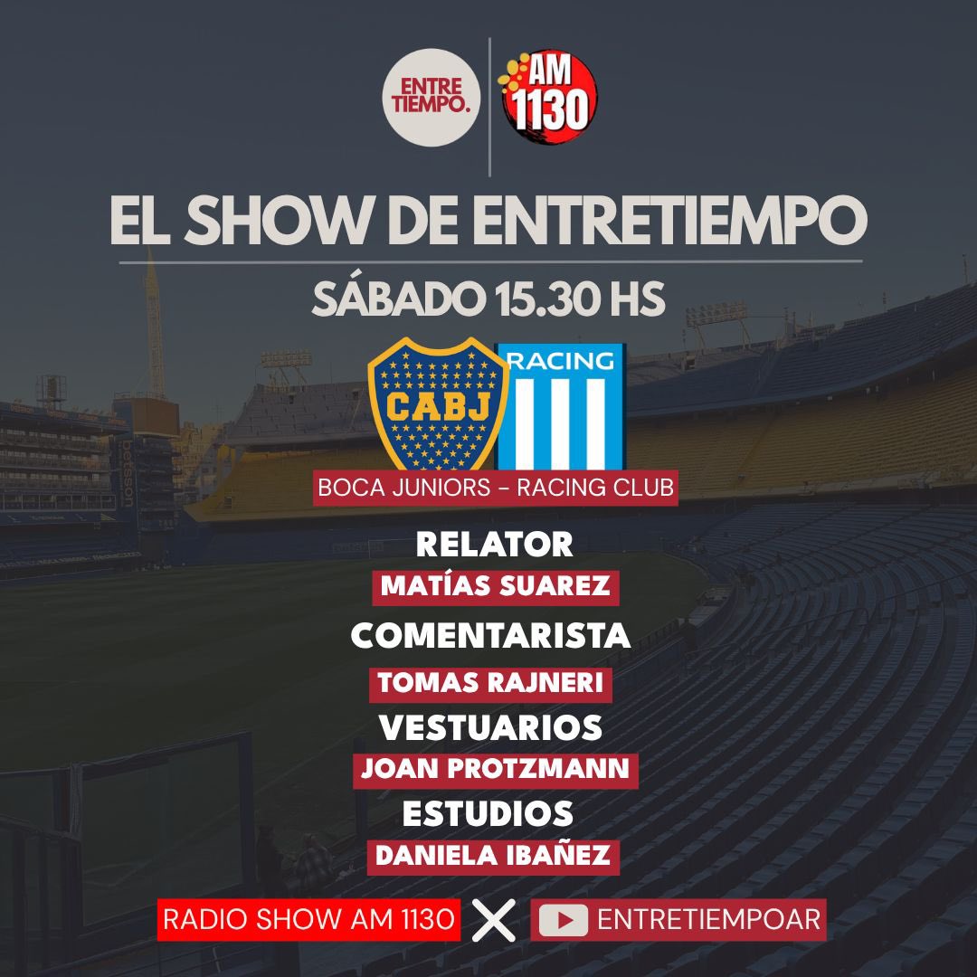 🎙️ 𝐇𝐎𝐘 𝐇𝐀𝐘 𝐒𝐇𝐎𝐖 𝐃𝐄 𝐄𝐍𝐓𝐑𝐄𝐓𝐈𝐄𝐌𝐏𝐎 

📅 Desde las 15:30 vamos a estar con la previa y la transmisión del partido #Boca 🆚 #Racing.

🔥 Porque el partido no se vive igual si no lo vivís con nosotros, prendete a <a href="/entretiempoar/">EntreTiempo 🎙️⚽️</a> . 🔴 linktw.in/YbCXYQ